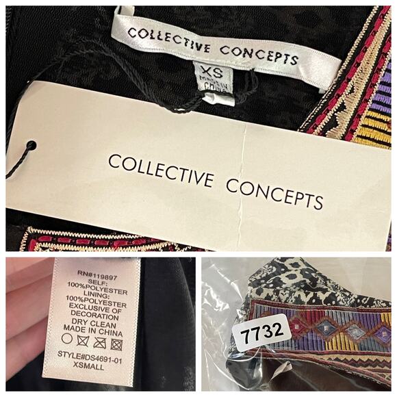 Collective Concepts NWT Flutter Sleeve Embroidered Dress SZ XS Black White Multi - Picture 8 of 8